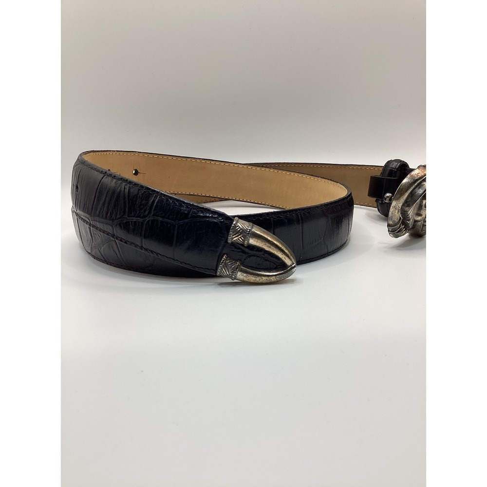 Vintage Black Brighton Belt 1996 Silver Elephant Buckle Crocodile Leather Medium - Picture 2 of 5